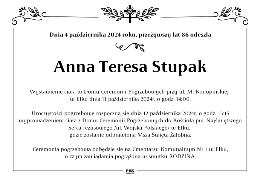 Anna Teresa Stupak - nekrolog